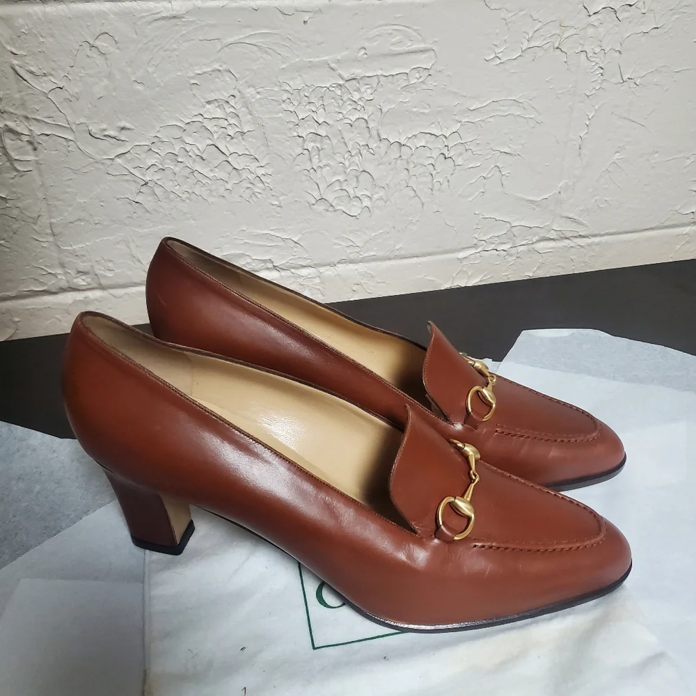 Women Gucci Brown Leather Horsebit Loafer Pump Size 10B - Picture 2 of 7